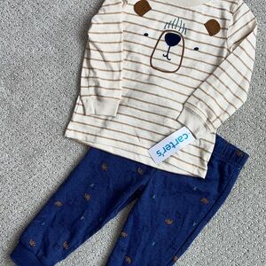 NWT Carter's Cream & Brown Striped Bear Face Long-Sleeve Tee Ser Navy Pants 18mo